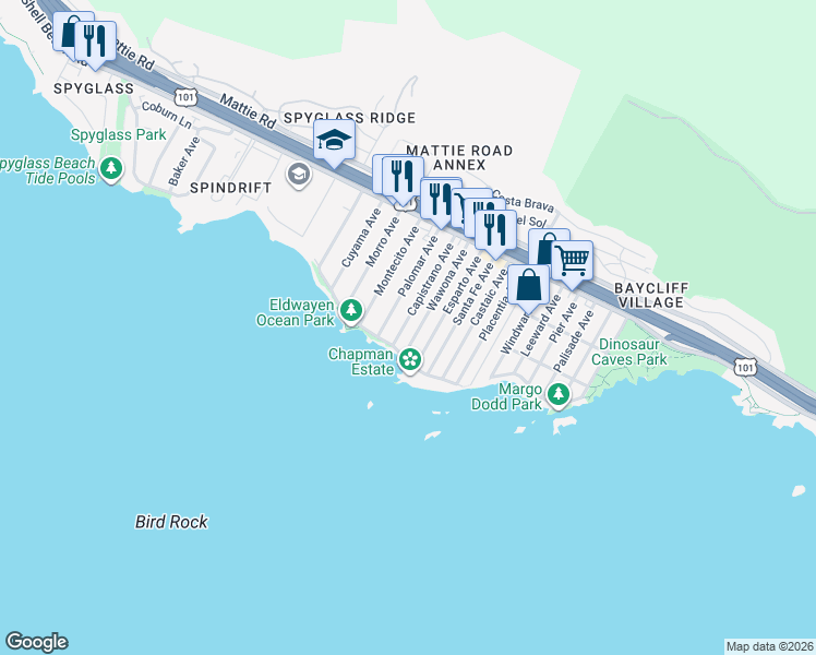 map of restaurants, bars, coffee shops, grocery stores, and more near 345 Capistrano Avenue in Pismo Beach