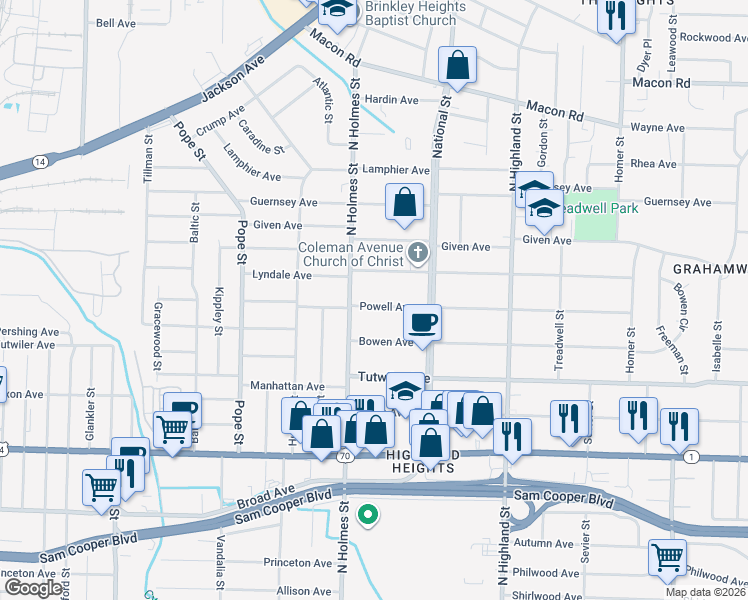 map of restaurants, bars, coffee shops, grocery stores, and more near 3307 Coleman Avenue in Memphis