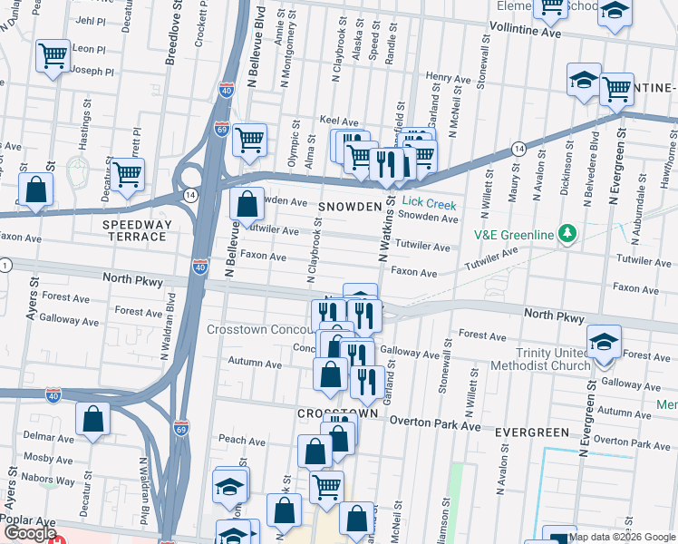 map of restaurants, bars, coffee shops, grocery stores, and more near 1312 Faxon Avenue in Memphis
