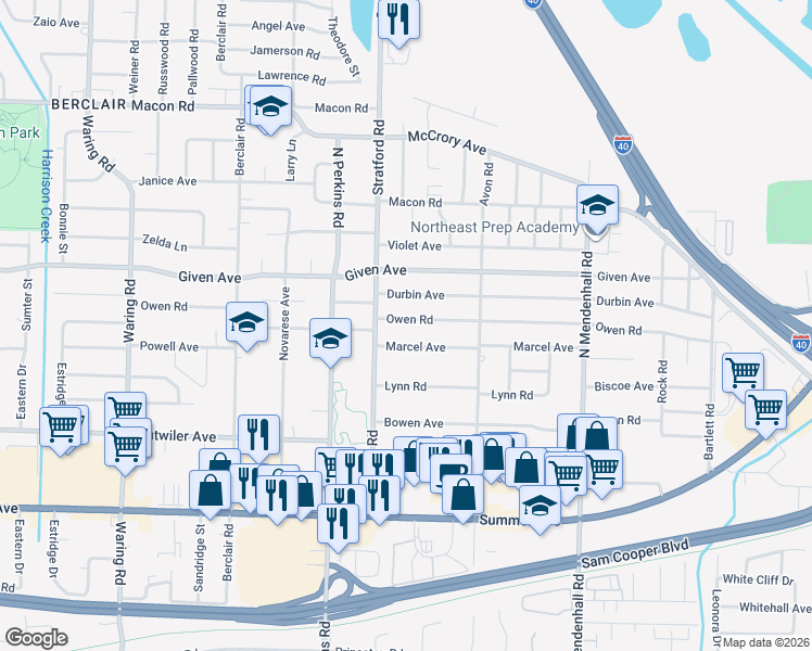 map of restaurants, bars, coffee shops, grocery stores, and more near 4664 Owen Road in Memphis