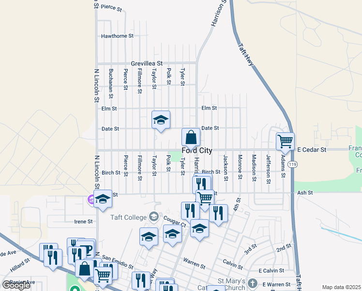 map of restaurants, bars, coffee shops, grocery stores, and more near 311 Harrison Street in Taft
