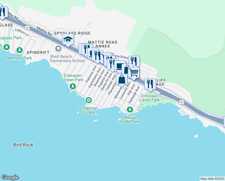 map of restaurants, bars, coffee shops, grocery stores, and more near 241 Placentia Avenue in Pismo Beach