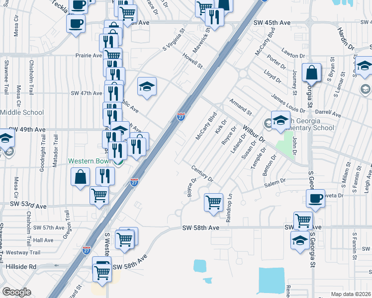 map of restaurants, bars, coffee shops, grocery stores, and more near 5129 Canyon Drive in Amarillo