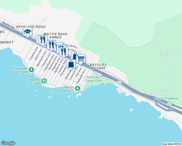 map of restaurants, bars, coffee shops, grocery stores, and more near in Pismo Beach