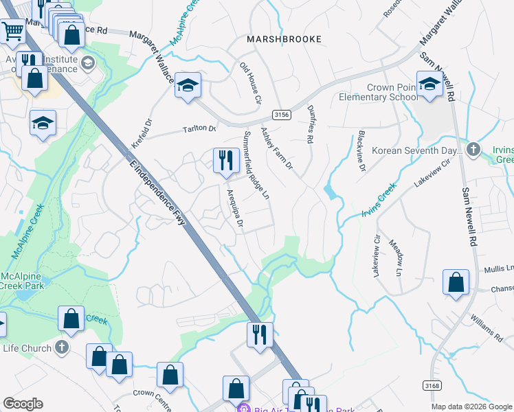 map of restaurants, bars, coffee shops, grocery stores, and more near 3231 Summerfield Ridge Lane in Matthews