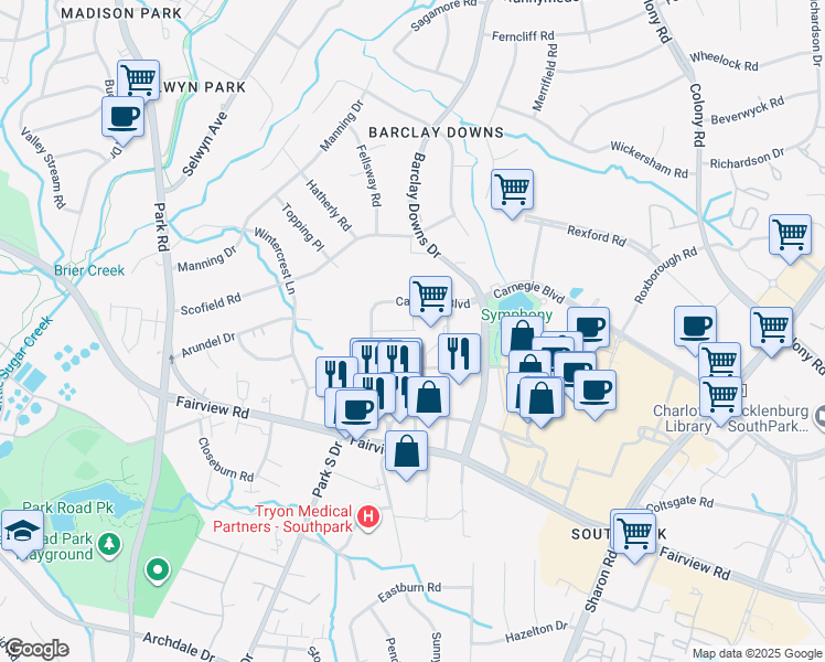 map of restaurants, bars, coffee shops, grocery stores, and more near 6038-6098 Carnegie Boulevard in Charlotte