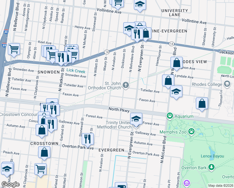 map of restaurants, bars, coffee shops, grocery stores, and more near 1625 Tutwiler Avenue in Memphis