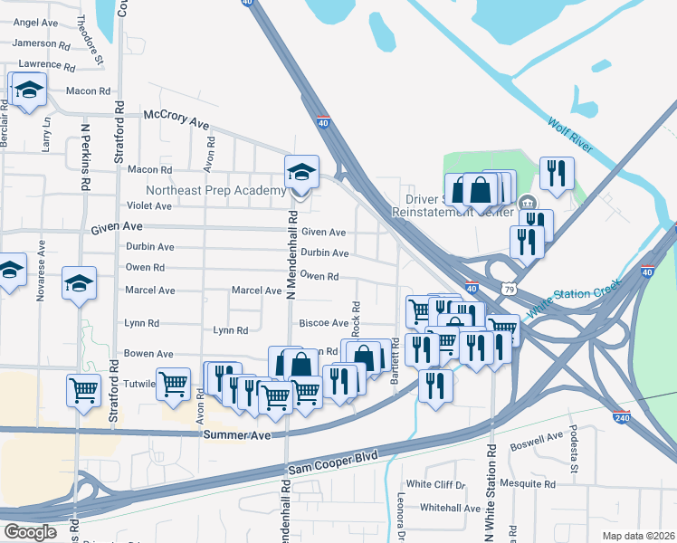 map of restaurants, bars, coffee shops, grocery stores, and more near 4967 Durbin Avenue in Memphis