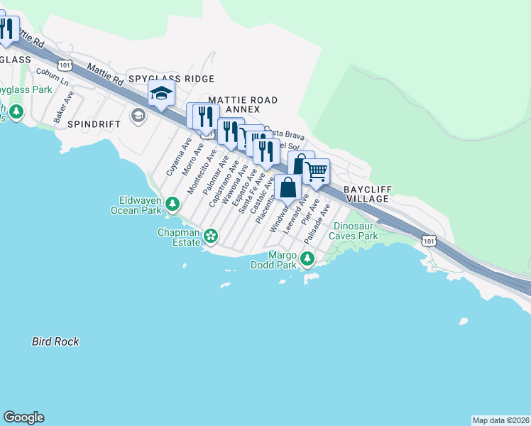 map of restaurants, bars, coffee shops, grocery stores, and more near 241 Placentia Avenue in Pismo Beach