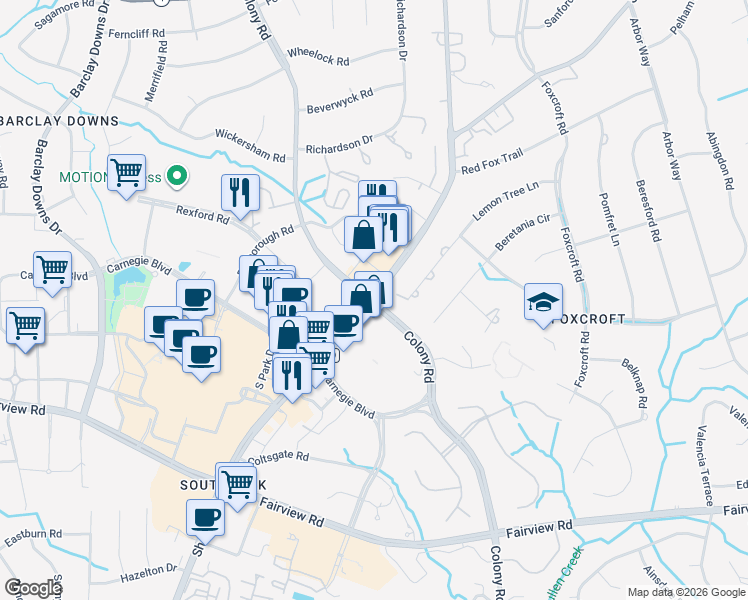 map of restaurants, bars, coffee shops, grocery stores, and more near Sharon Rd & Colony Rd in Charlotte