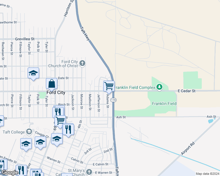map of restaurants, bars, coffee shops, grocery stores, and more near 304 Adams Street in Taft