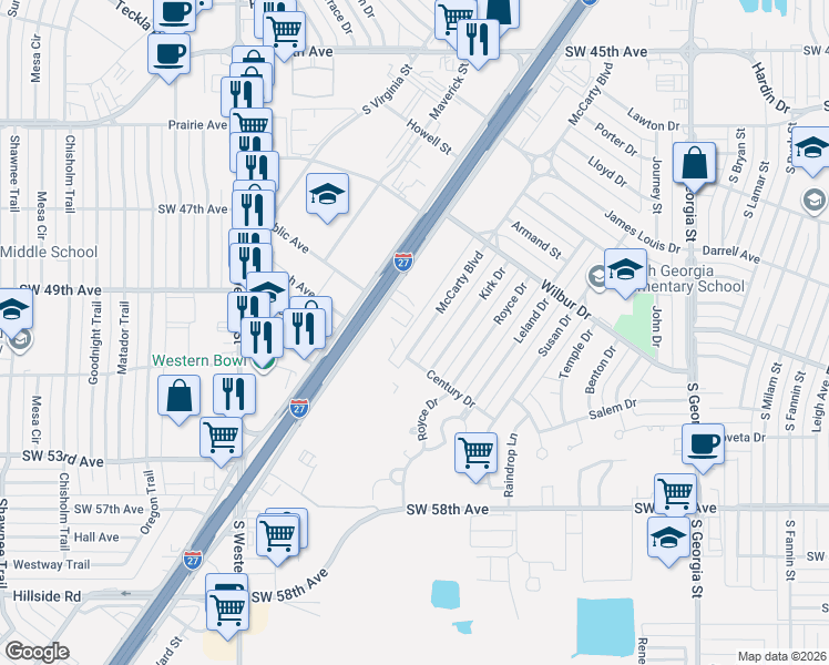 map of restaurants, bars, coffee shops, grocery stores, and more near 5129 Canyon Drive in Amarillo