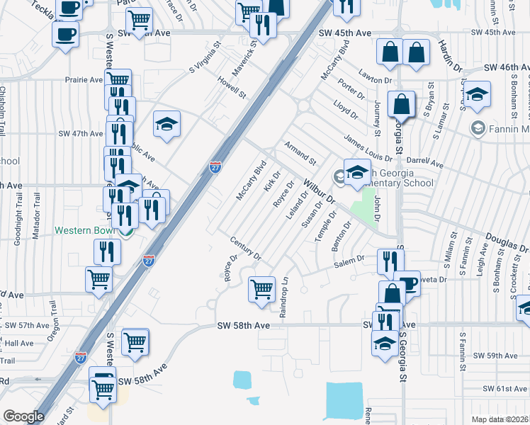 map of restaurants, bars, coffee shops, grocery stores, and more near 5118 Royce Drive in Amarillo