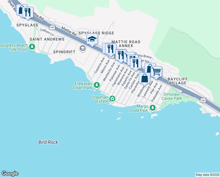 map of restaurants, bars, coffee shops, grocery stores, and more near 344 Capistrano Avenue in Pismo Beach