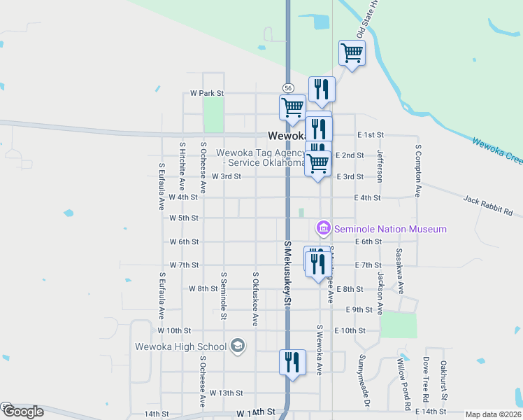 map of restaurants, bars, coffee shops, grocery stores, and more near 402 South Okfuskee Avenue in Wewoka