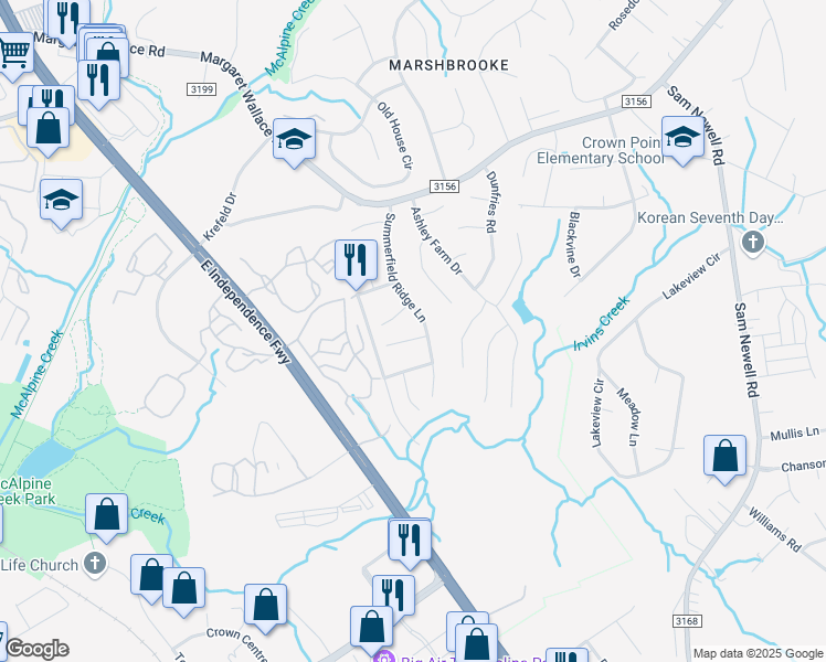 map of restaurants, bars, coffee shops, grocery stores, and more near 2859 Summergrove Court in Matthews