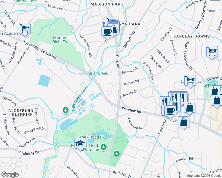 map of restaurants, bars, coffee shops, grocery stores, and more near in Charlotte