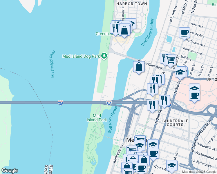 map of restaurants, bars, coffee shops, grocery stores, and more near 307 Island Drive in Memphis
