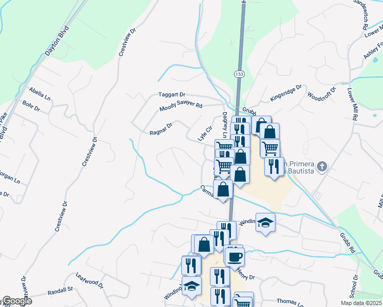 map of restaurants, bars, coffee shops, grocery stores, and more near 5807 Northwoods Drive in Chattanooga
