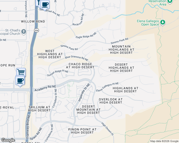 map of restaurants, bars, coffee shops, grocery stores, and more near 6424 Anasazi Drive Northeast in Albuquerque
