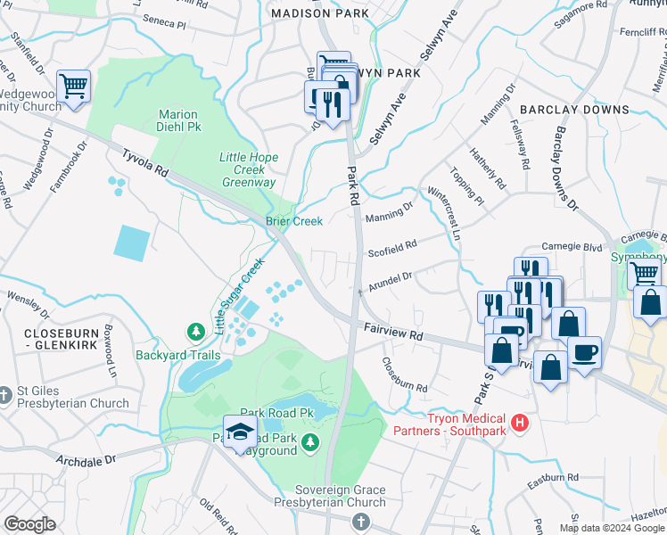 map of restaurants, bars, coffee shops, grocery stores, and more near 2903 Castleberry Court in Charlotte