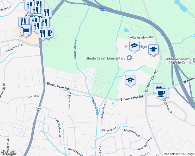 map of restaurants, bars, coffee shops, grocery stores, and more near 13815 Brown Grier Road in Charlotte