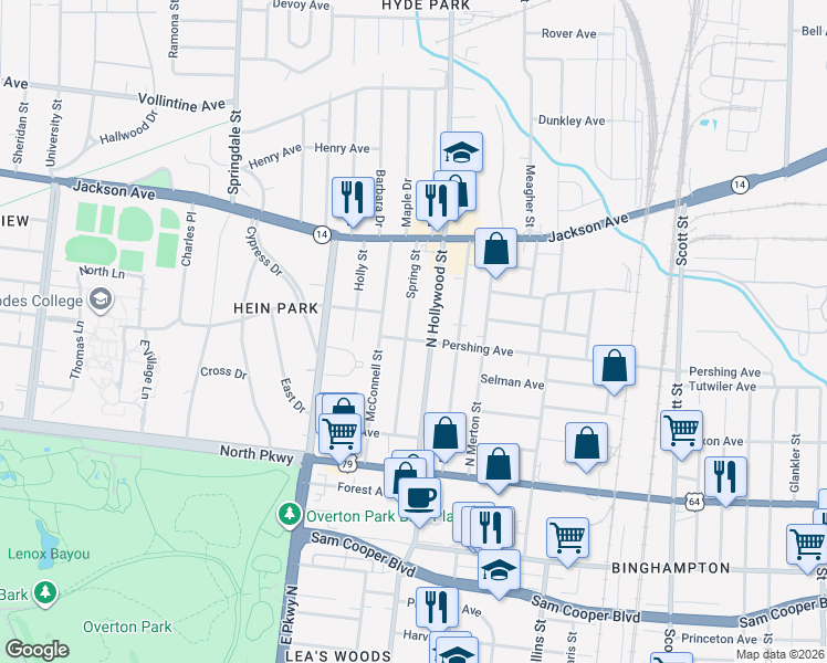 map of restaurants, bars, coffee shops, grocery stores, and more near 727 Spring Street in Memphis
