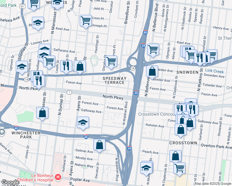 map of restaurants, bars, coffee shops, grocery stores, and more near 1047 Faxon Avenue in Memphis