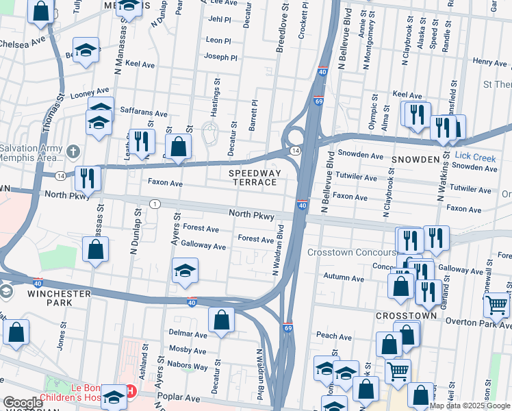 map of restaurants, bars, coffee shops, grocery stores, and more near 1047 Faxon Avenue in Memphis
