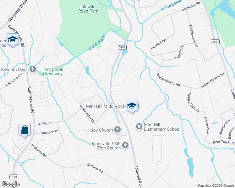 map of restaurants, bars, coffee shops, grocery stores, and more near 11215 Idlewild Road in Matthews