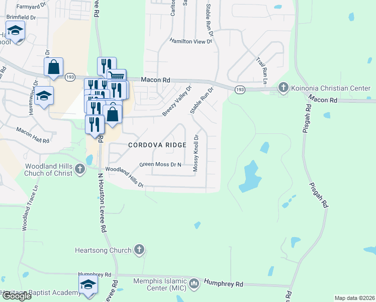 map of restaurants, bars, coffee shops, grocery stores, and more near 1105 Mossy Knoll Drive in Shelby County