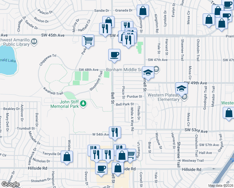 map of restaurants, bars, coffee shops, grocery stores, and more near 5803 Southwest 50th Avenue in Amarillo