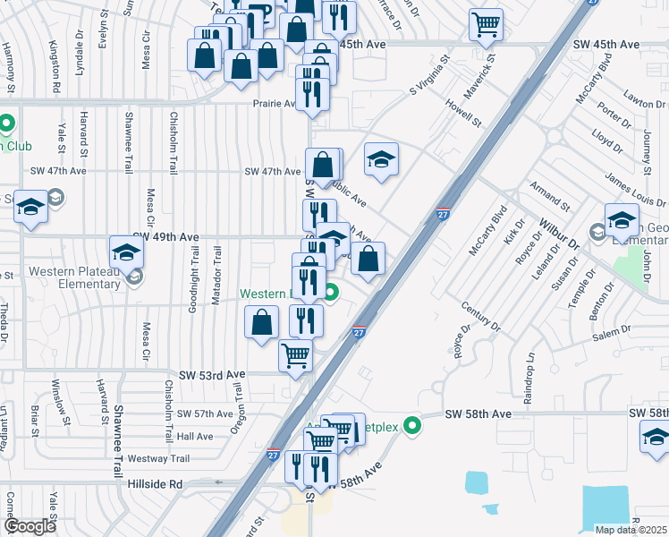 map of restaurants, bars, coffee shops, grocery stores, and more near 4106 Southwest 51st Avenue in Amarillo