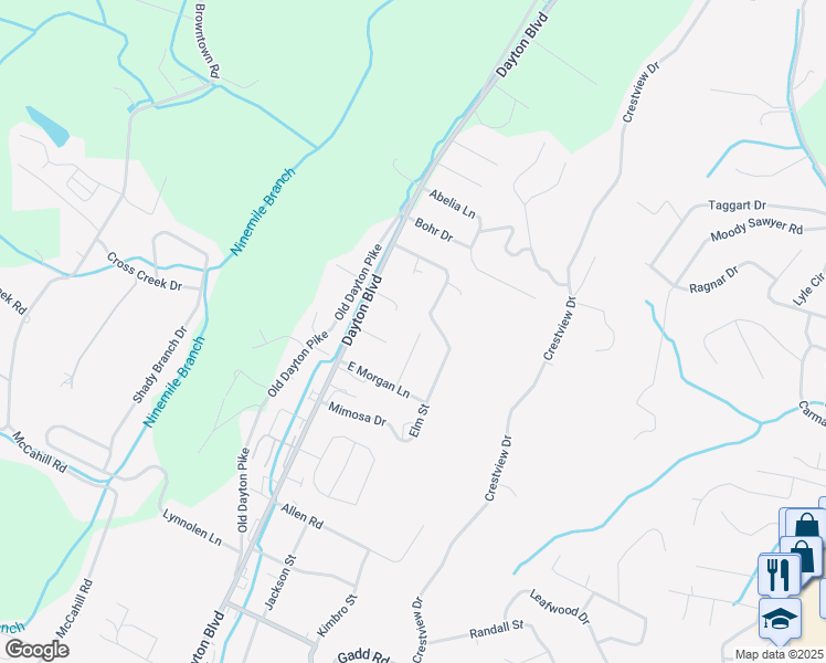 map of restaurants, bars, coffee shops, grocery stores, and more near 5727 Hetzel Lane in Chattanooga