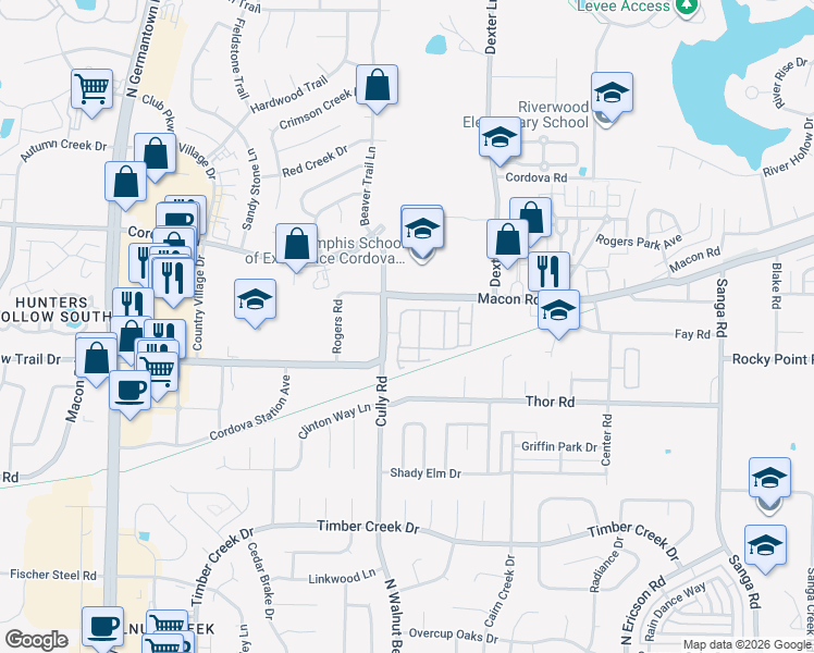 map of restaurants, bars, coffee shops, grocery stores, and more near 8546 Prestine Loop in Memphis