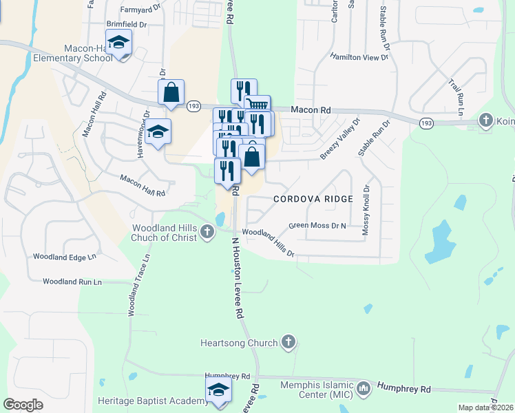 map of restaurants, bars, coffee shops, grocery stores, and more near 10119 Cross Ridge Road in Shelby County
