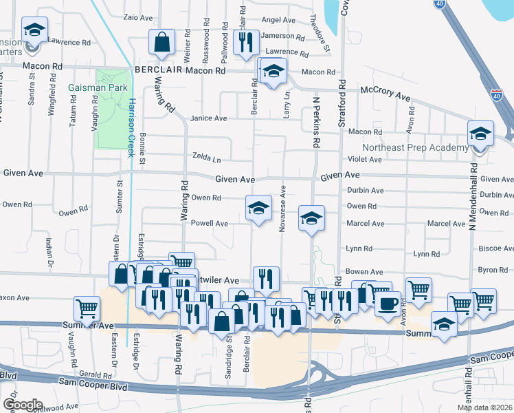 map of restaurants, bars, coffee shops, grocery stores, and more near 4472 Owen Road in Memphis