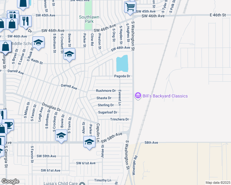 map of restaurants, bars, coffee shops, grocery stores, and more near 1120 Rushmore Drive in Amarillo
