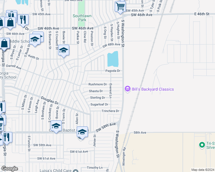 map of restaurants, bars, coffee shops, grocery stores, and more near 1105 Rushmore Drive in Amarillo