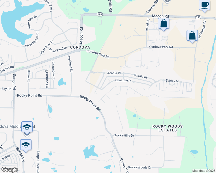 map of restaurants, bars, coffee shops, grocery stores, and more near 9183 Chastain Place in Shelby County
