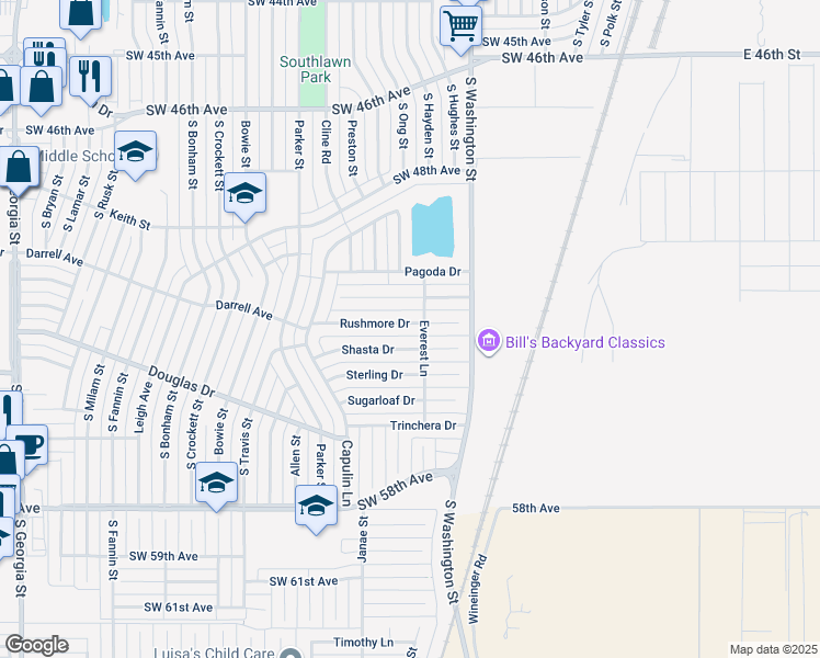map of restaurants, bars, coffee shops, grocery stores, and more near 1120 Rushmore Drive in Amarillo
