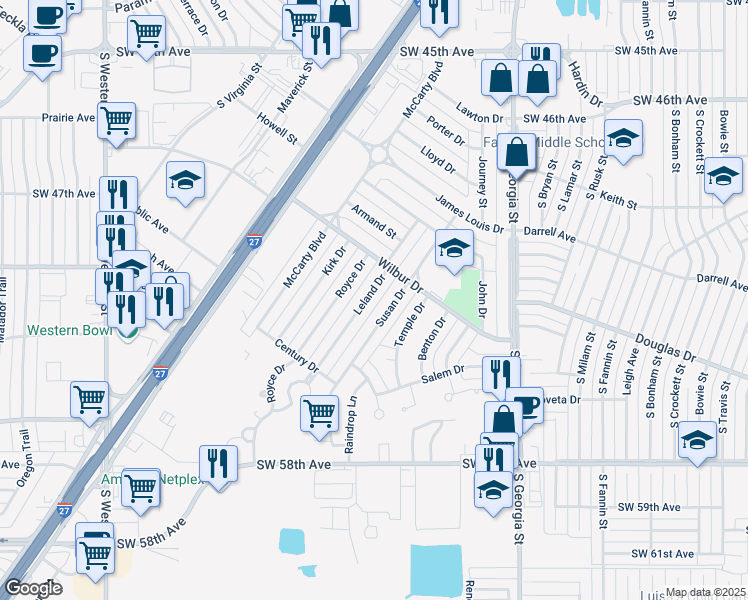 map of restaurants, bars, coffee shops, grocery stores, and more near 5110 Leland Drive in Amarillo