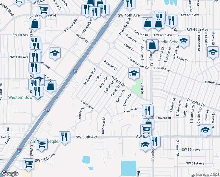 map of restaurants, bars, coffee shops, grocery stores, and more near 5110 Leland Drive in Amarillo