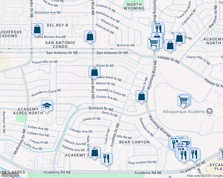 map of restaurants, bars, coffee shops, grocery stores, and more near 7206 Welton Drive Northeast in Albuquerque