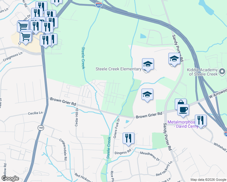 map of restaurants, bars, coffee shops, grocery stores, and more near 13815 Brown Grier Road in Charlotte