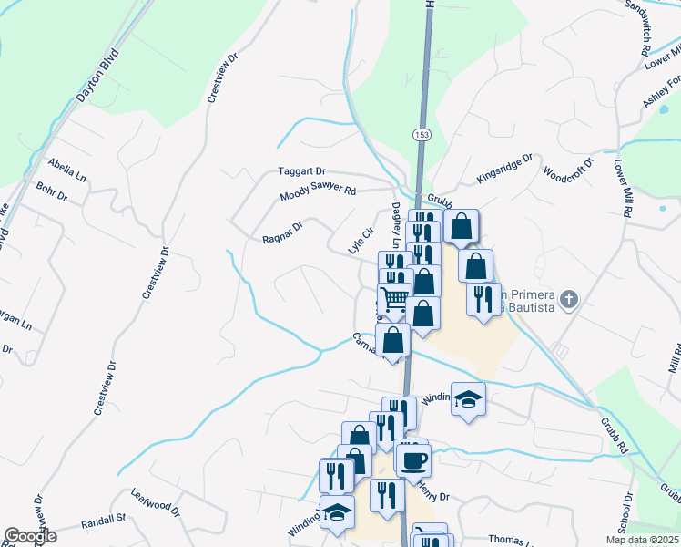 map of restaurants, bars, coffee shops, grocery stores, and more near 5807 Northwoods Drive in Chattanooga