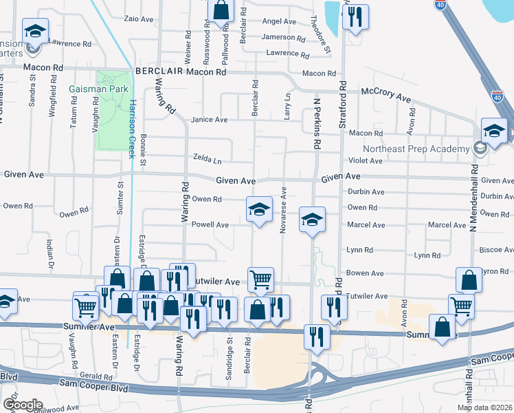map of restaurants, bars, coffee shops, grocery stores, and more near 4472 Owen Road in Memphis