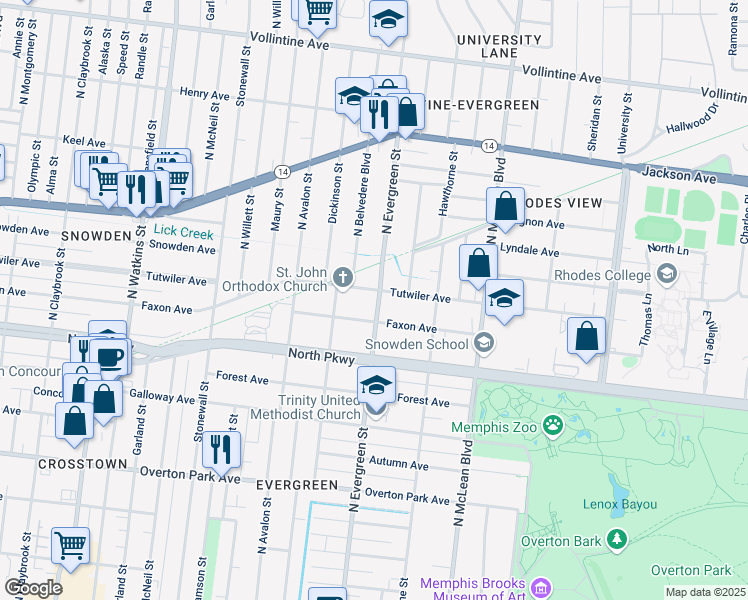 map of restaurants, bars, coffee shops, grocery stores, and more near in Memphis