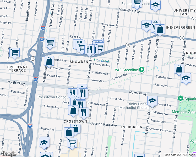 map of restaurants, bars, coffee shops, grocery stores, and more near 1443 Tutwiler Avenue in Memphis