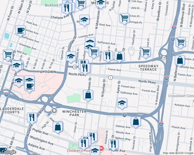 map of restaurants, bars, coffee shops, grocery stores, and more near 778 North Parkway in Memphis